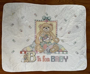 Janlynn Cross Stitched Finished "B is for Baby" Bear Quilt Blanket 31" X 40" VTG - Picture 1 of 5