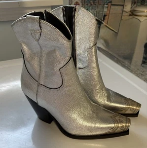 Free People Brayden Western Boot Leather Pewter Etch Tip Silver Pewter 38 NWOT - Picture 1 of 11