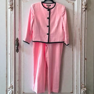 Conjunto de traje de lino rosa Lauren Ralph Lauren chaqueta de 2 piezas 10 pantalones 8 ribete negro clásico - Imagen 1 de 11