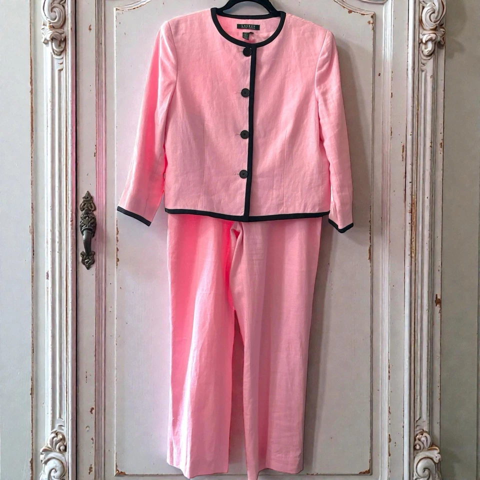 Lauren Ralph Lauren 粉色亚麻套装 2 件套夹克 10 裤 8 黑色装饰经典 — 第 1/4 张图片