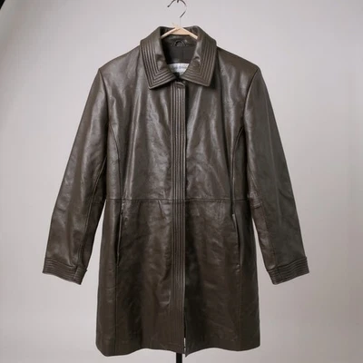 Gabardina larga de cuero genuino negra Liz Claiborne para mujer talla L Foto 1 de 4