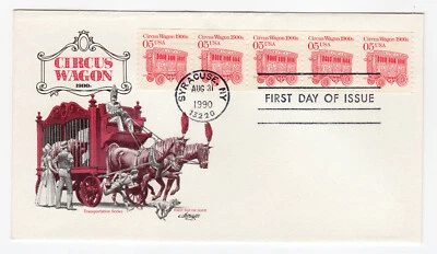 Scott #2452 Circus Wagon (08/31/1990) Artmaster Coil of 5 FDC Syracuse NY - Image 1 of 2