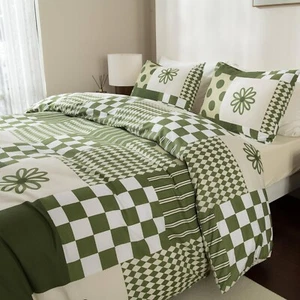 YFISAN Patchwork Green Comforter Cover Set Double Size Geometric Plaid 3 Pieces - Picture 1 of 3