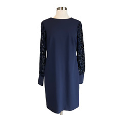 Ralph Lauren Women's Cocktail Dress Size 8 Blue Crepe and Lace Long Sleeve Shift