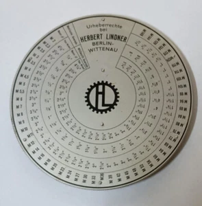 Herbert Lindner, Rechenscheibe zum Gewindeschleifen Steigungswinkel Rechner - Bild 1 von 3