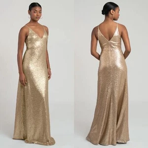 Jenny Yoo Celia Gold Sequin V-Neck Bridesmaid Dress Size 12 Floor Length Formal - Picture 1 of 10
