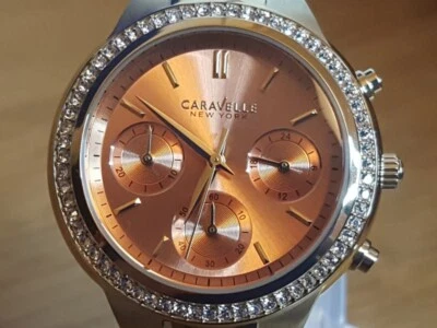 Ladies Gold Bulova Caravelle Melissa Orange Dial Chrono Watch 44L218 New In Box - Image 1 of 4