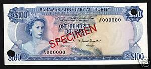 BAHAMAS 100 DOLLARS P-33 1968 QUEEN RARE SPECIMEN UNC CURRENCY MONEY BANK NOTE  