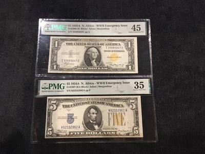 1934-A 1.00 PMG 45 5.00 PMG 35 Both with minor stains great price North African  - Image 1 of 2