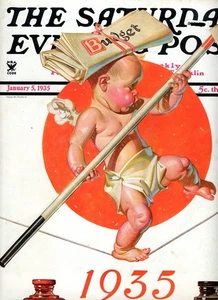 Saturday Evening Post Leyendecker Cover Jc Magazine Baby New Years Budget 1935 - Picture 1 of 7