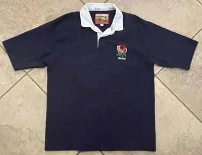 Camisa polo rara vintage algodão comerciantes rugby XL Inglaterra bordada preppy azul marinho - Imagem 1 de 4