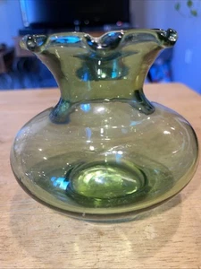 Vintage Mid-Century ANKER HOCKING grün geraffter Rand Glas Vase 3,5”x 4” - Bild 1 von 4