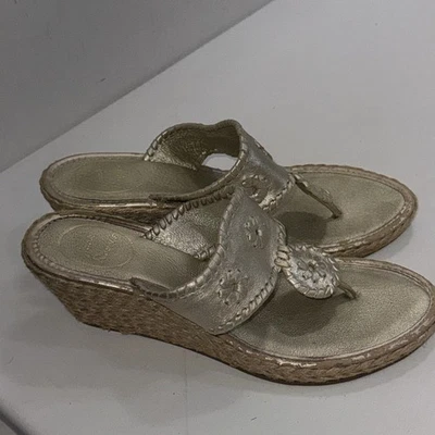 Sandalias Jack Rogers Old Money Designer Marbella Mid Wedge Zapatos de Cuero Dorado 10M Foto 1 de 4