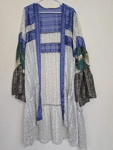 Ces Femme Kimono Open Cardigan Topper Sheer Duster Patchwork Floral Boho Large - Picture 1 of 6