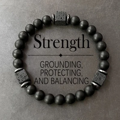 Edelstein Armband Lavastein & Achat Naturstein Perlenarmband Schwarz Matt Herren - Bild 1 von 4