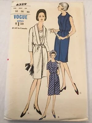 VINTAGE 1960s VOGUE LADIES SHAWL COLLAR DRESS PATTERN 6329 SIZE 18 BUST 38 Uncut - Image 1 of 4