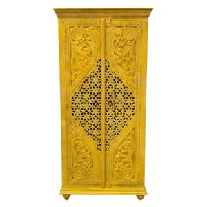 Schrank Gauri Gelber Indischer Mangoholz Schnitzerei Schlafzimmerschrank 190cm - Bild 1 von 3