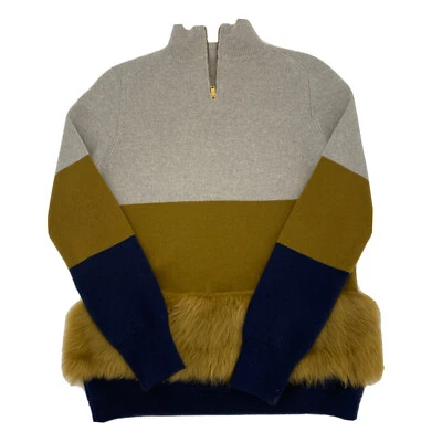 J. Crew Sweater Women’s Small Pullover Mock Neck Striped Color Block Faux Fur - Image 1 of 4