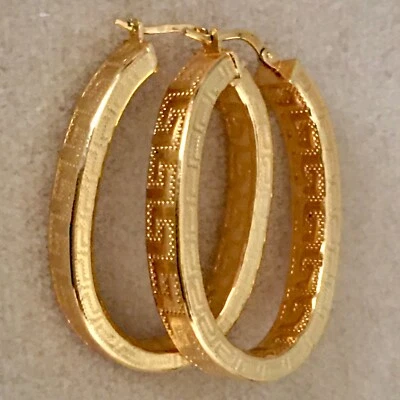 Gold Oval Greek Key Hoop Earrings GF - Image 1 of 4