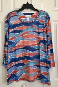 ALFRED DUNNER PLUS SIZE 3X TOP CREW NECK NEPTUNE BEACH 3/4 SLEEVE WAVES TUNIC - Picture 1 of 6