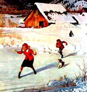 Kids Laughing Ice Skating Near Barn Farm Saturday Evening Post Fridge Magnet - Picture 1 of 4