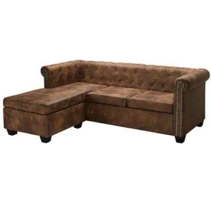 Chesterfield L-Shape Sofa Lounge Couch Chaise Faux Suede Leather Vintage Brown - Picture 1 of 8