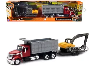 INTERNATIONAL LONESTAR DUMP TRUCK RED & EXCAVATOR W/TRAILER 1/43 NEW RAY 16623 - Picture 1 of 1