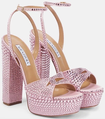 NUEVO EN CAJA Sandalias Aquazzura Sinner Cristal Strass Rosa Satinado Plataforma Bombas 37 7 $2395 Foto 1 de 4