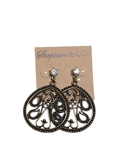 Stephan & Co Trendy Dark Gold Tone Rhinestone Pierced Dangle Cutout Earrings NWT - Picture 1 of 3