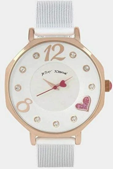 Reloj para mujer Betsey Johnson esfera blanca caja tono oro rosa malla blanca 231340WHT Foto 1 de 1