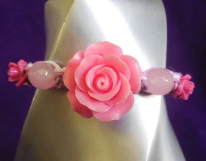 Pink Stone Rose Adjustable Hemp Bracelet Anklet with Rose Quartz Gemstone Beads - Picture 1 of 8