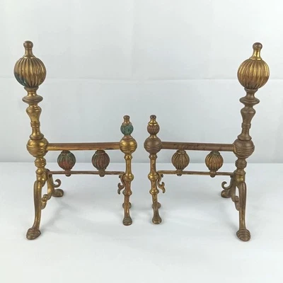 Par de cães de fogo antigos vitorianos de latão maciço andirons final do século XIX  - Imagem 1 de 4