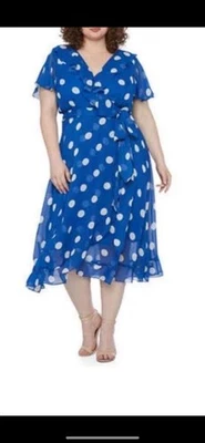 Vestido Danny & Nicole Azul Plus 22 Lunares Gasa Manga Corta Cinturón Adelgazante Foto 1 de 4