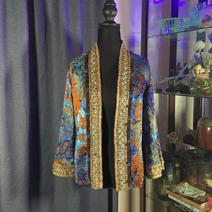 Vintage ALBERTO MAKALI  Open Front Kimono Crinkle Jacket (M)  hand beading - Picture 1 of 5