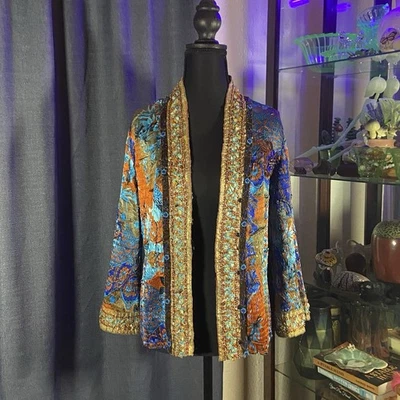 Vintage ALBERTO MAKALI  Open Front Kimono Crinkle Jacket (M)  hand beading - Image 1 of 4