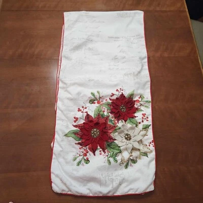 Cynthia Rowley Christmas Poinsettia Beaded Table Runner 3D Red Cream 16" x 70" - Image 1 of 4