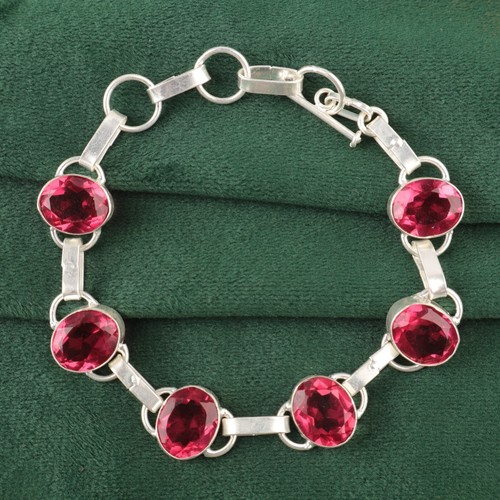 VALENTINO Bracciale Ovale Rosa Tormalina Elegante Boho Catena Anniversario Nuovo Argento Sterling