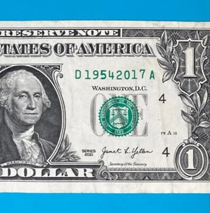 1954 - 2017 (D 19542017 A) DUAL YEAR $1 One Dollar Bill Fancy Serial Number - Picture 1 of 3