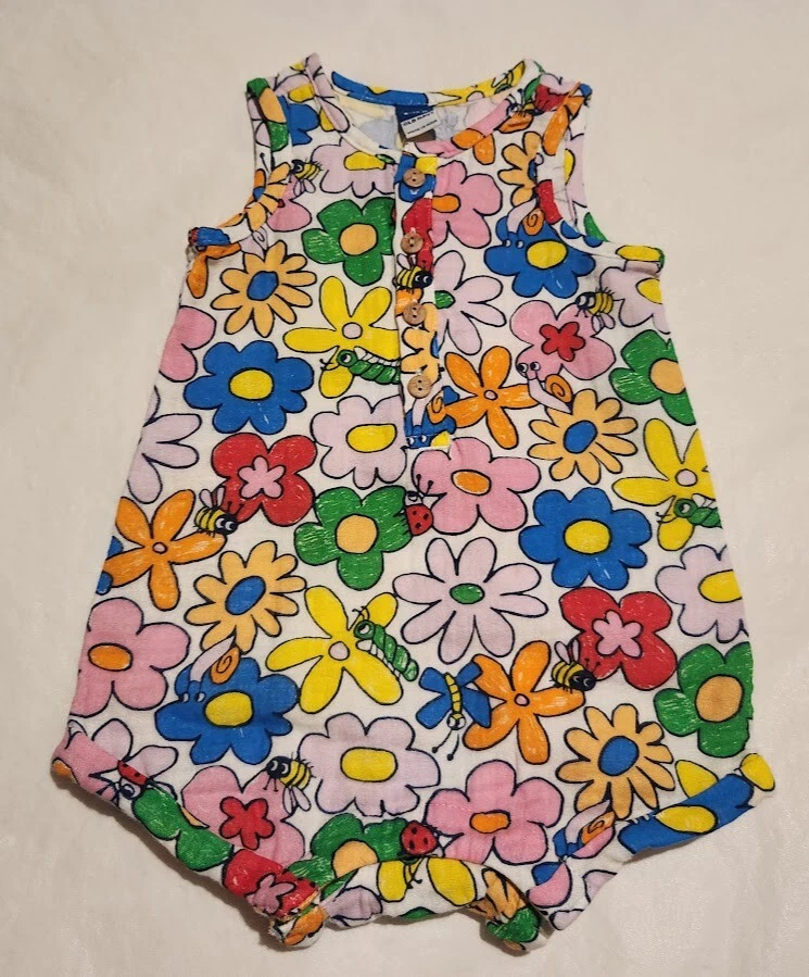 Mameluco corto sin mangas estampado floral de insectos de jardín azul marino antiguo bebé niña Foto 1 de 1