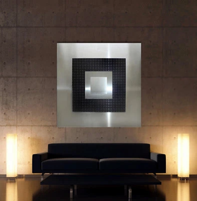 Originale Astratto Metallo Immagine Design Moderno Su Divano Nero Grigio Argento - Immagine 1 di 3