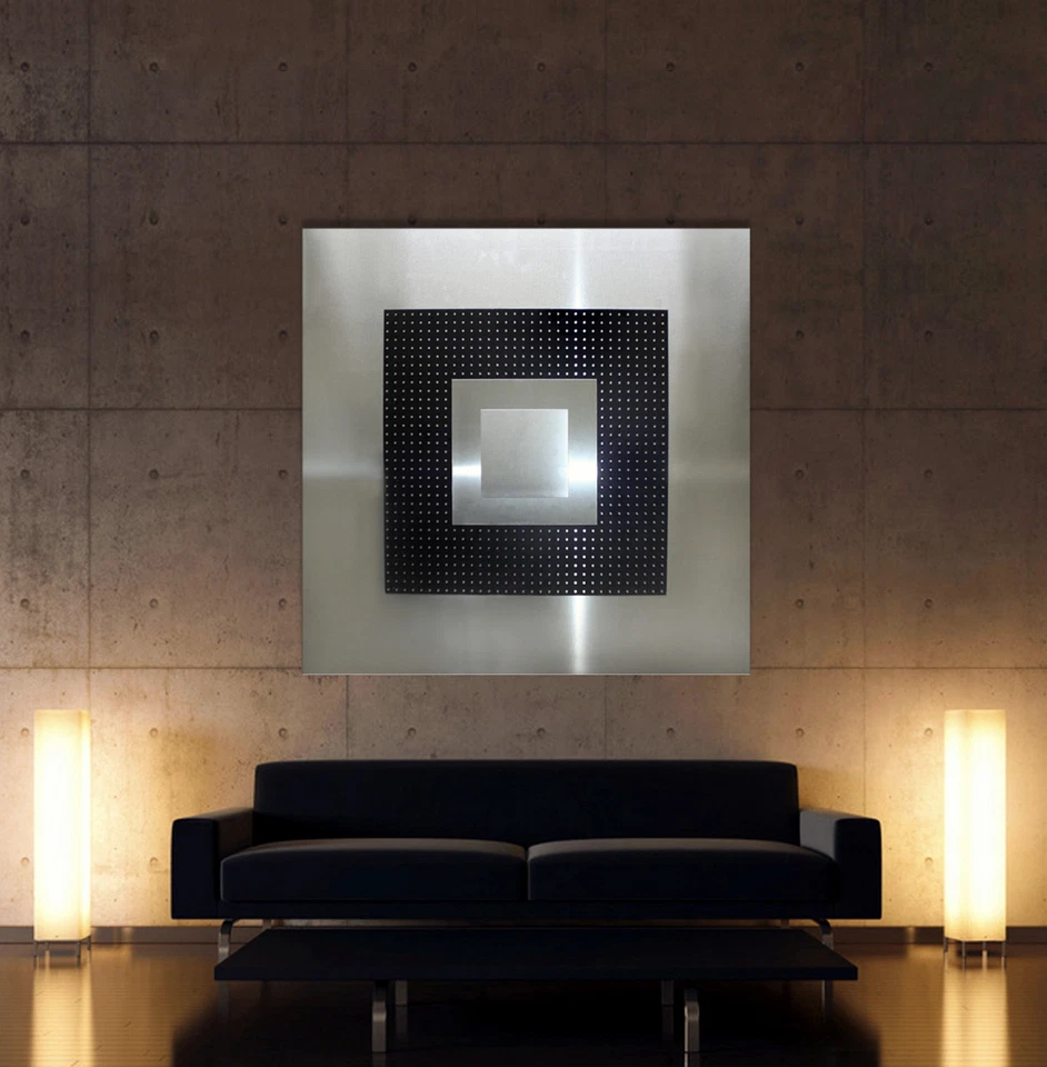 Originale Astratto Metallo Immagine Design Moderno Su Divano Nero Grigio Argento - Immagine 1 di 3