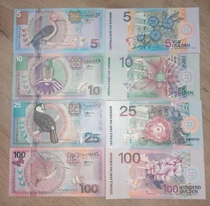 Suriname Birds Serie 2000 UNC 5 10 25 100 Gulden P.146 147 148 149 4*Banknoten - Bild 1 von 1