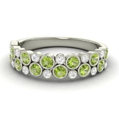 1.00 Ct Round Cut Natural Peridot & Diamond Eternity Band 14k White Gold Sz 8 - Image 1 of 4