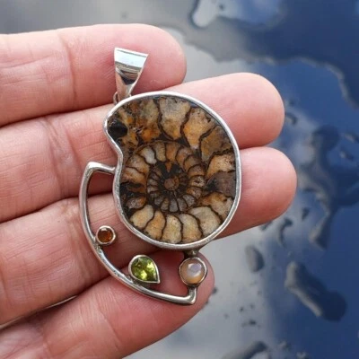 Colgante grande de plata de ley fósil de amonita natural  Foto 1 de 4