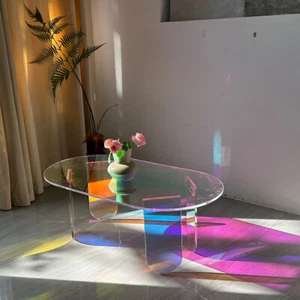 Acrylic Coffee Table Iridescent Oval Side End Table Modern Chic Colorful Accent - Picture 1 of 18
