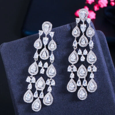 White Gold Plated Cubic Zirconia CZ Long Drop Tassel for Women Party Earrings - Image 1 of 4