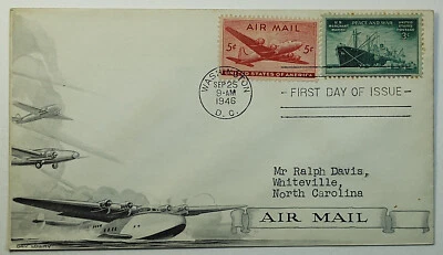 1946 FDC Day Lowry Cachet 5c DC-4 Air Mail First Day Cover SC #C32 & SC #939 - Image 1 of 2