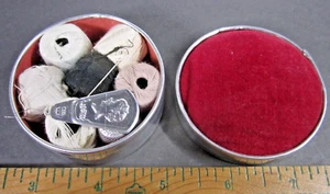 OLD Japan Velvet Pin Cushion Round Tin Sewing Box Spools Thimble Threader Mirror - Picture 1 of 5