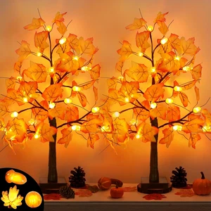 2-Pack 24" Fall Maple Trees, 48-LED Battery Tabletop Centerpieces, Thanksgiving - Picture 1 of 12