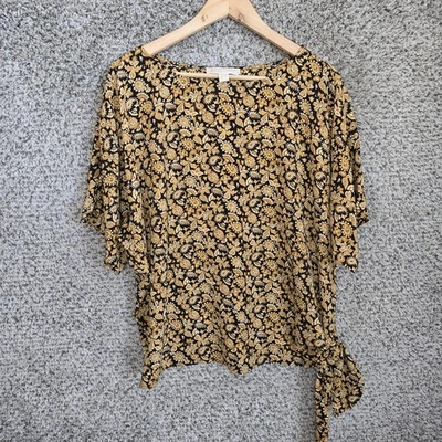 Michael Kors Top Womens Large Gold Scoop Neck Paisley Print Blouse Waist Tie - Image 1 of 4